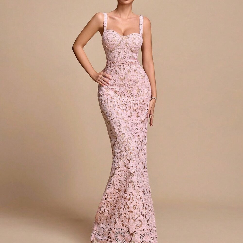 Pink Elegant Women's Lace Spaghetti Strap Fishtail Hem Party Dress - Picture 3 of 7